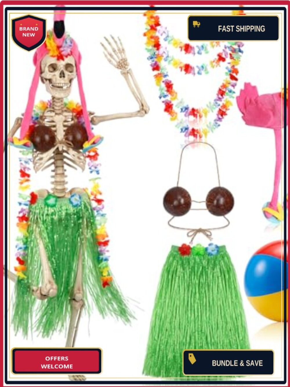 6 Pc 12 Ft Skeleton Halloween Costume Accessory Set Grass Skirt & Hat